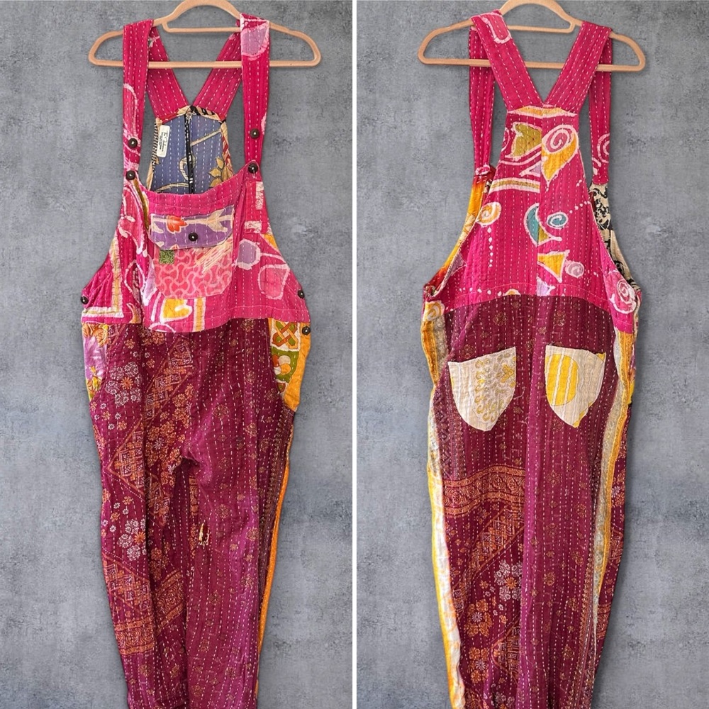 Boho Patchwork Pink Kantha Overalls Jumpsuit